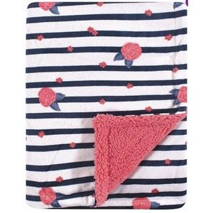 Yoga Sprout Baby Blanket Navy White Stripes Coral Flowers Reversible Sherpa NEW